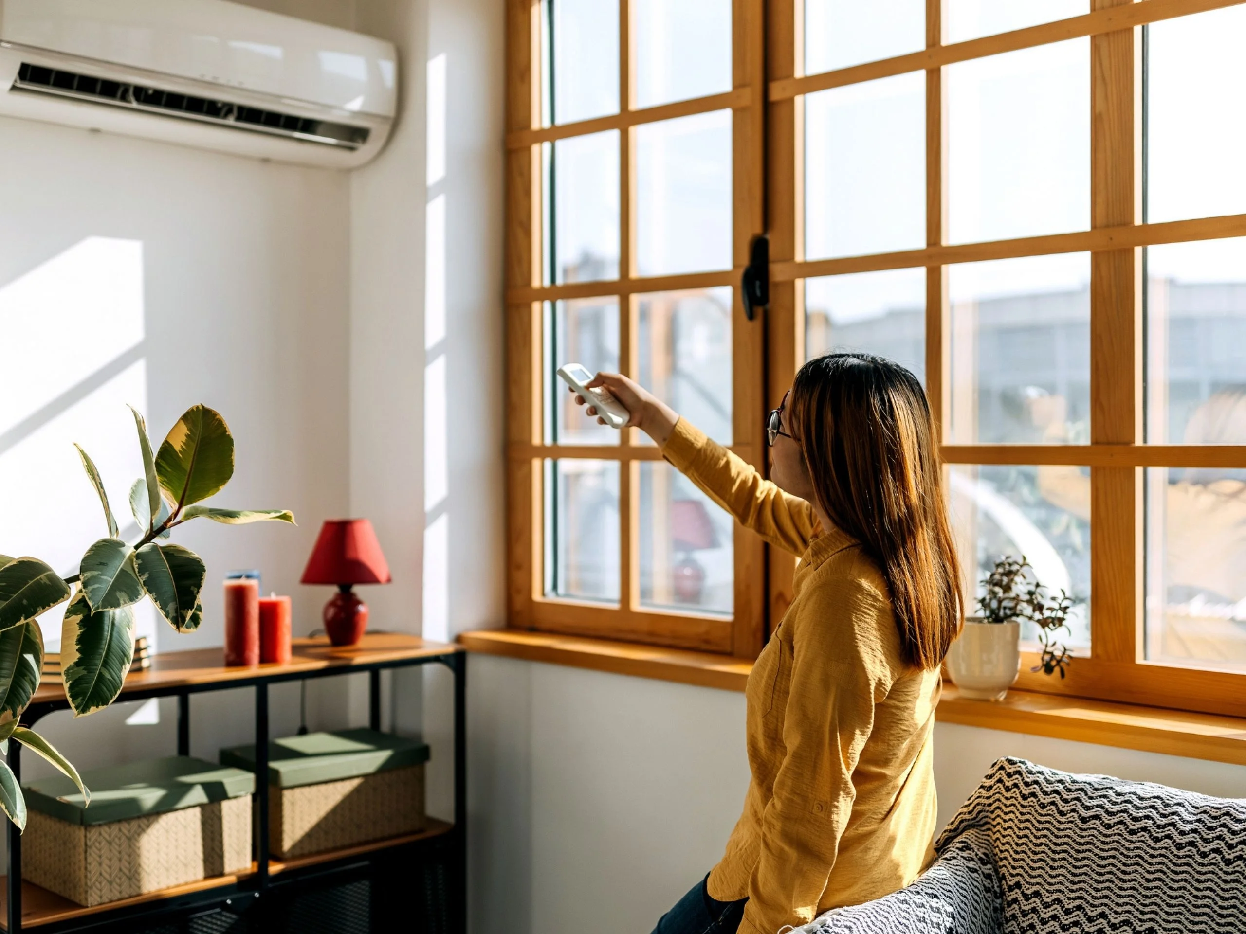 Mujer joven relajada sentada en el sofá y usando el control remoto para cambiar la temperatura ambiente de la unidad de aire acondicionado