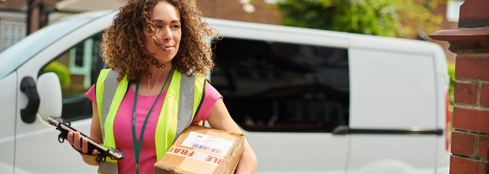 mujer con chaleco amarillo llevando un paquete en la mano con furgoneta detrás